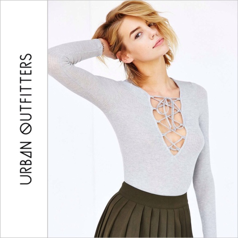 Urban Outfitters Grey Ribbed Lace Long Sleeve Top